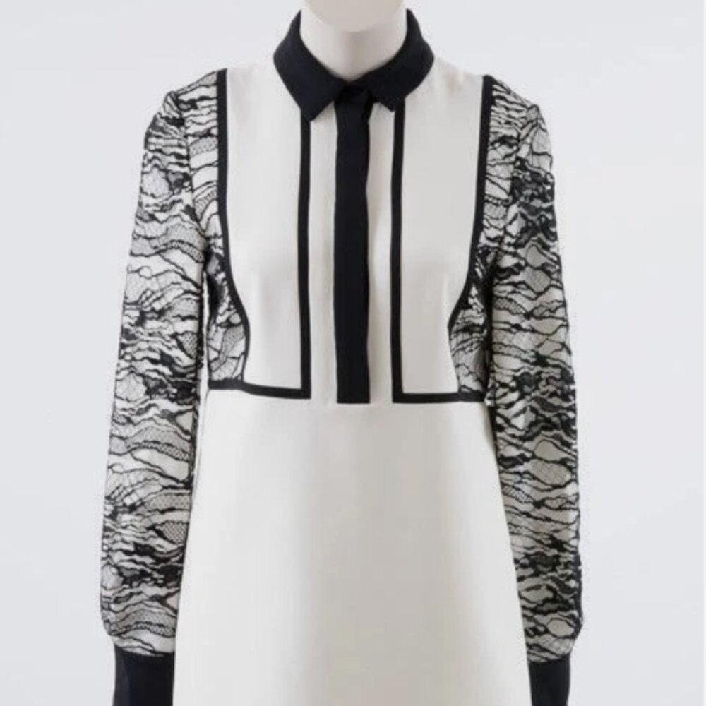 J. MENDEL PARIS Ladies Ivory/Black $ Ply Silk Lace Trim Mini Dress M $2800
